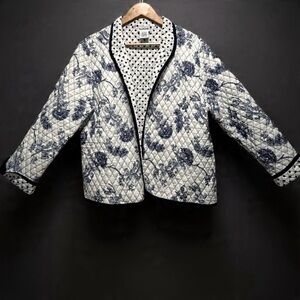 BonWorth Quilted Jacket Blue White Floral Polka Dot Tapestry Women L Petite EUC